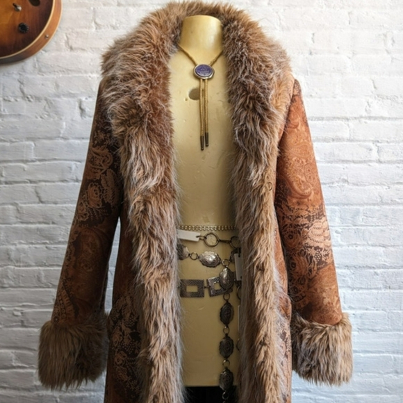 90s Does 70s VTG Penny Lane Trench Coat Afghan Paisley Print Faux Fur Trim 18 - Picture 2 of 16